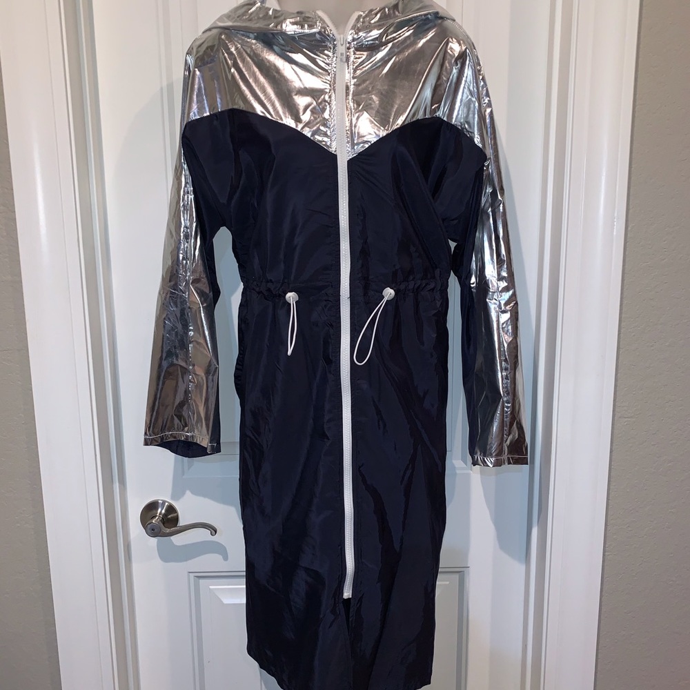Navy & Silver Drawstring Waist Hooded Windbreaker - Picture 4 of 12